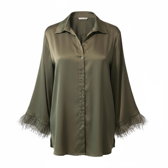 entro Tops - Entro Satin Feather Cuff Button Down Blouse | Sage Green | Size XL